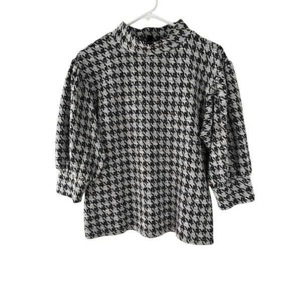 Ann Taylor Women’s Black White Houndstooth Pullover Top 3/4 Sleeve Mock Neck M - Picture 1 of 11